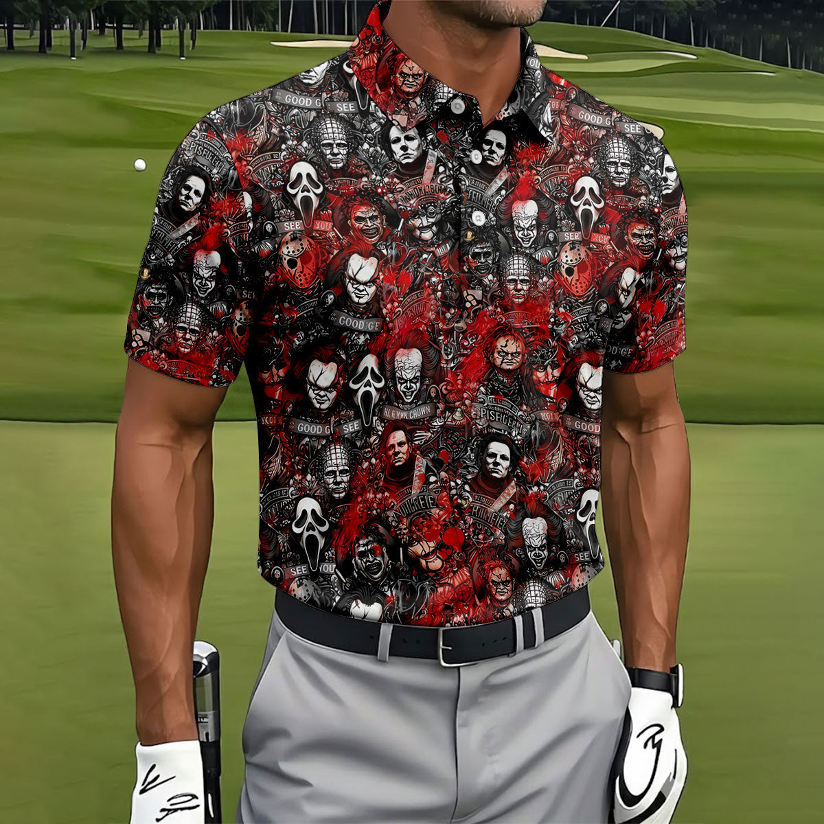 Red Horror Character Collage Halloween Golf Shirt, Men's Golf Shirt, Hawaiian Golf Shirt