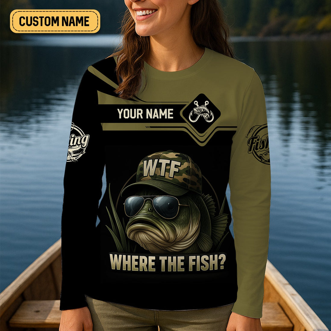 WTF Where The Fish Camo Bass Fishing Shirt, Funny Fishing Shirt, Women SPF Shirt, Women Fishing Shirt