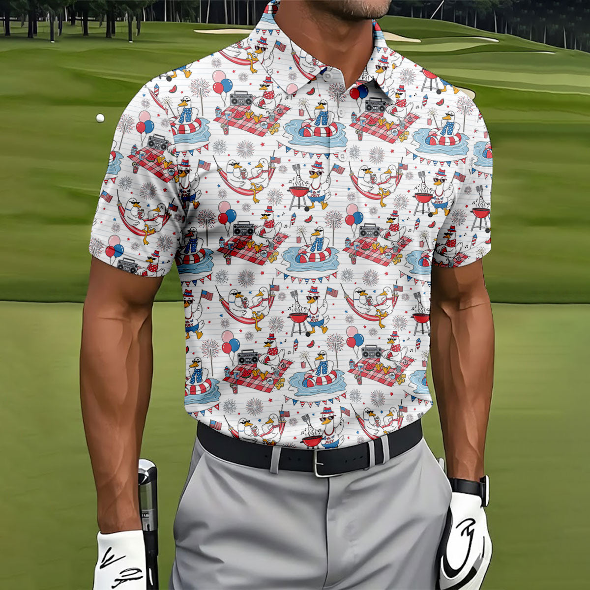 Funny Patriotic Duck Summer Party Polo Shirt, Mens Golf Polo, Golf Shirts For Men