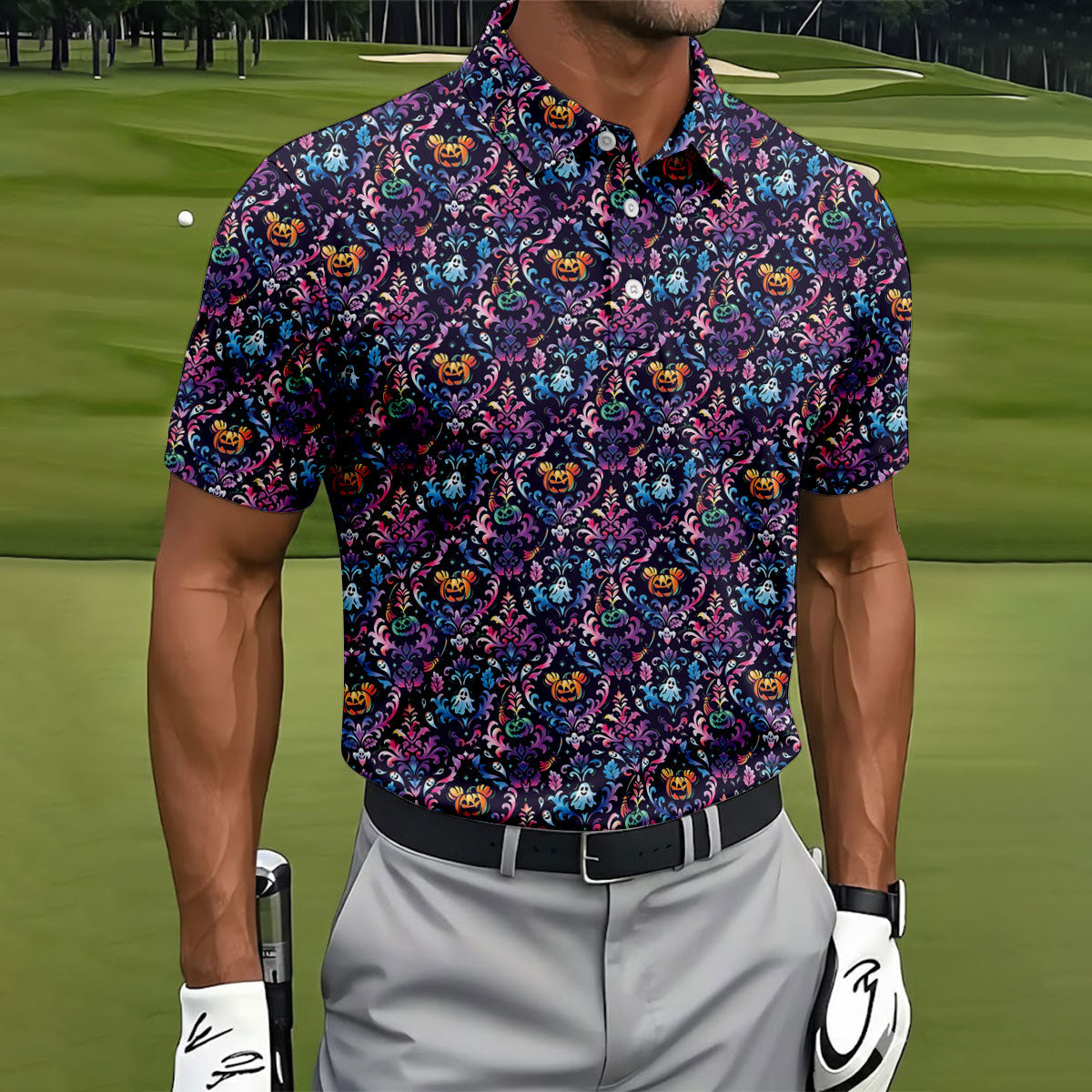 Colorful Ghost Pumpkin Floral Halloween Polo Shirt, Mens Golf Polo, Printed Golf Shirts