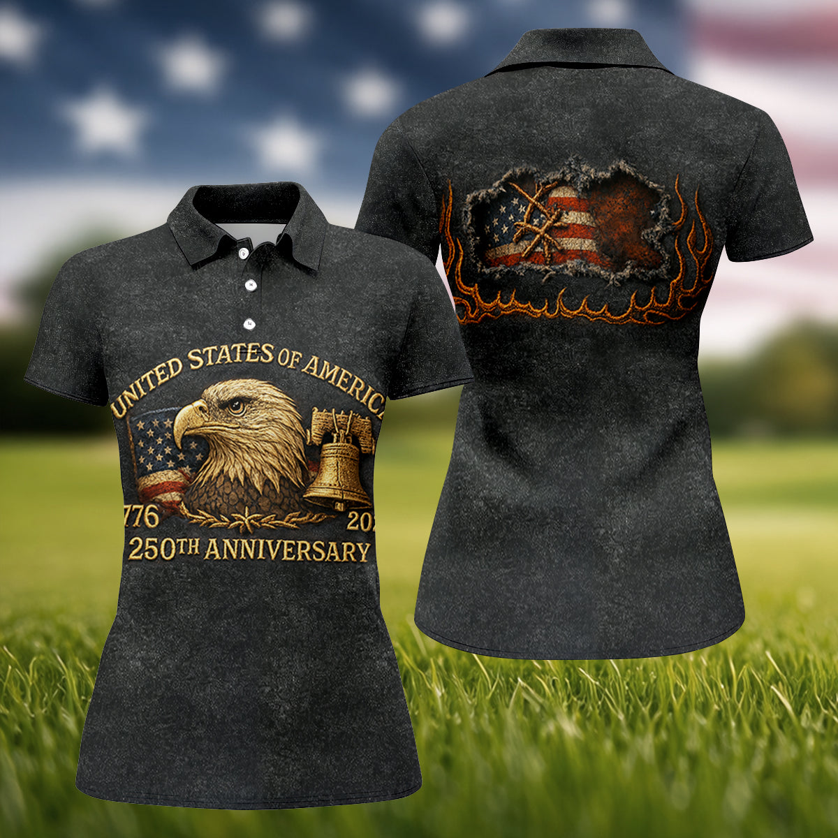 Bald Eagle American Flag 250th Anniversary Dark Grey Color Women's Golf Tops, Ladies Golf Shirts