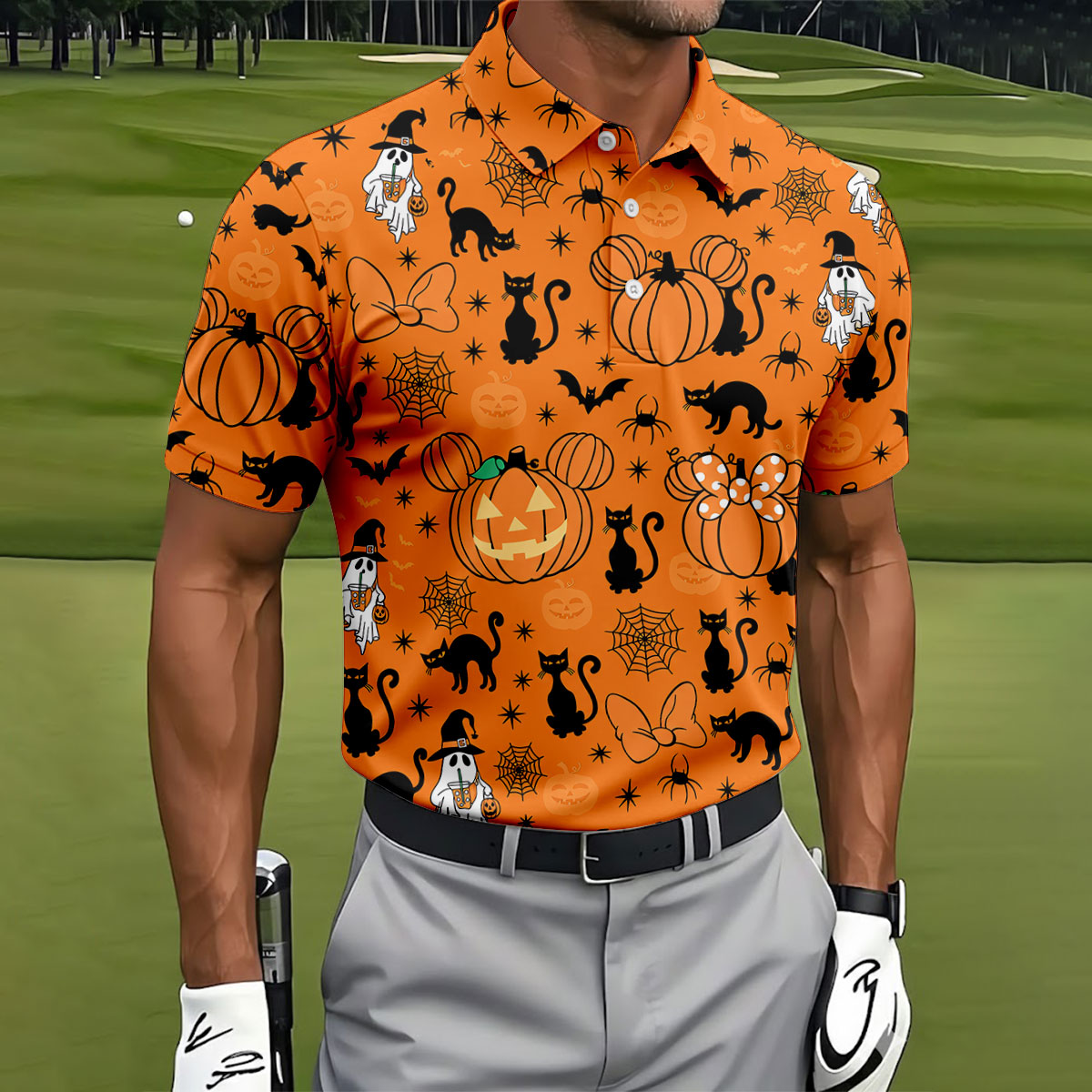 Black Cat and Pumpkin Halloween Polo Shirt, Golf Polo Apparel, Mens Golf Outfit