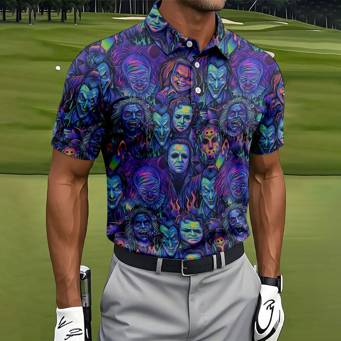 Neon Horror Character Villains Halloween Golf Shirt, Mens Golf Polo, Golf Apparel For Men