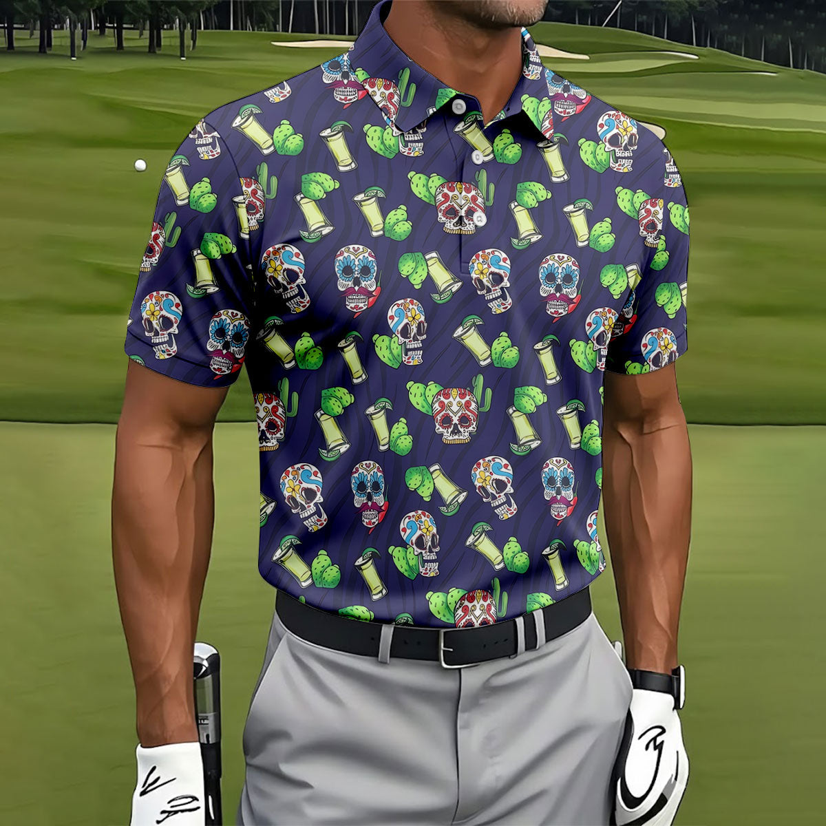 Day Of The Dead Sugar Skull Cactus Polo Shirt, Mens Golf Polo, Hawaiian Golf Shirt