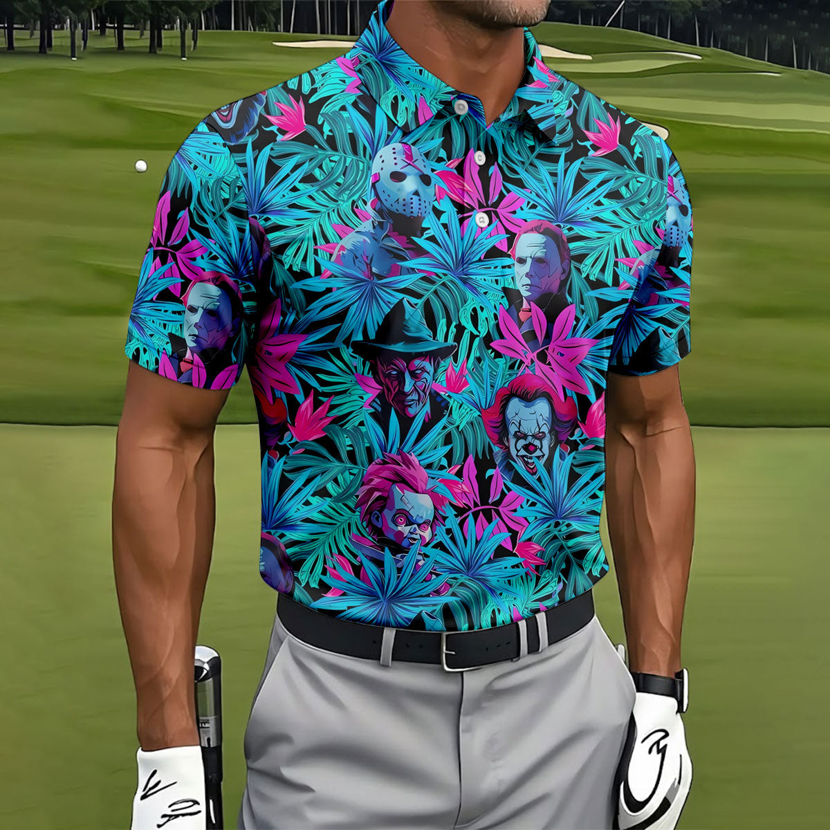Neon Halloween Horror Character Hawaiian Golf Shirt, Men's Golf Shirt, Printed Golf Polo Shirt