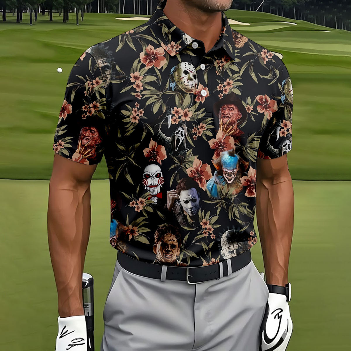 Dark Floral Horror Character Halloween Golf Shirt, Mens Golf Polo, Hawaiian Golf Shirt