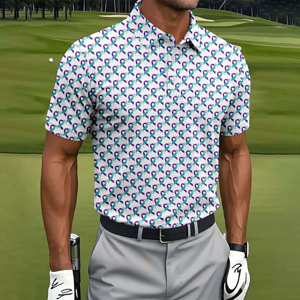 Suicide Awareness Feather Ribbon Pattern Mens Golf Polo, Golf Shirts For Men