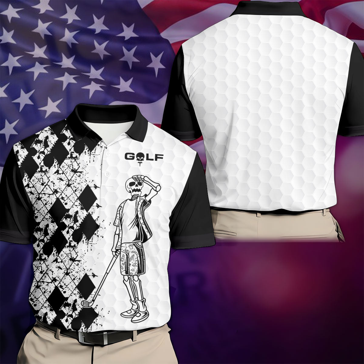 Golf Skeleton Splatter Effect Argyle Pattern Golf Tops For Men, Father's Day Golf Gift