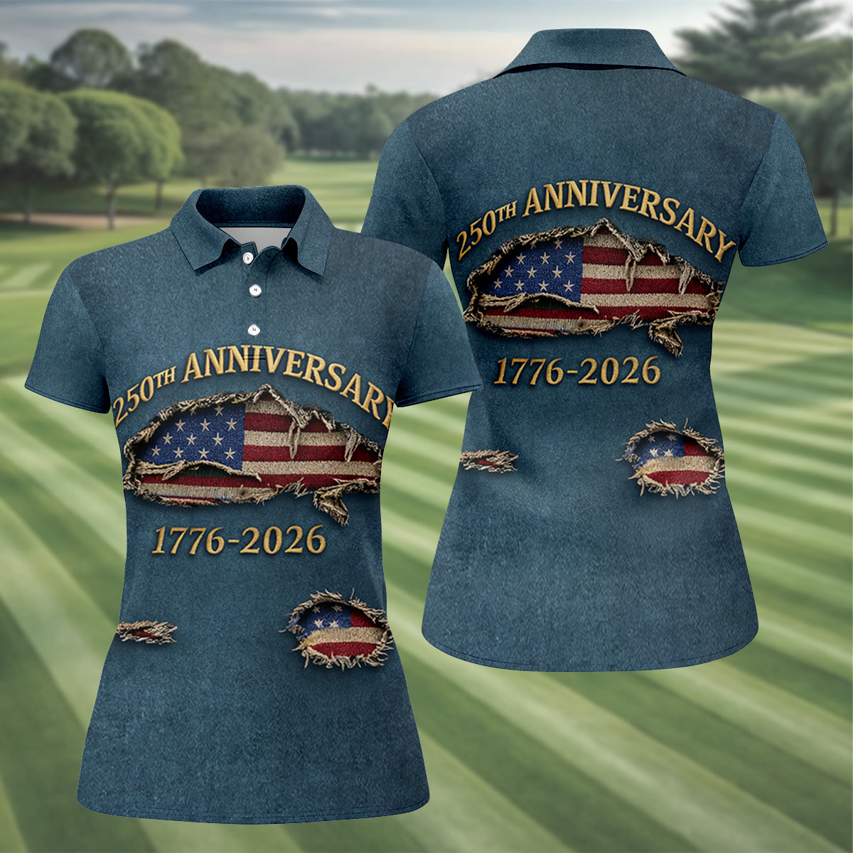 Patriotic American Flag 250th Anniversary Blue Denim Color Ripped Effect Women's Golf Tops, Ladies Golf Shirts