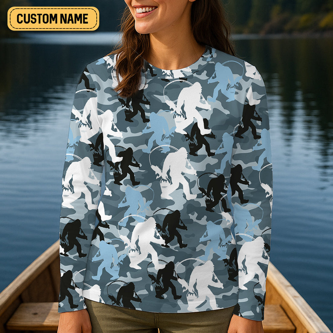Bigfoot Blue Camo Fishing SPF Shirts, Bassquatch Fishing Shirts, Fishing Shirts For Women, Ladies Fishing Shirts
