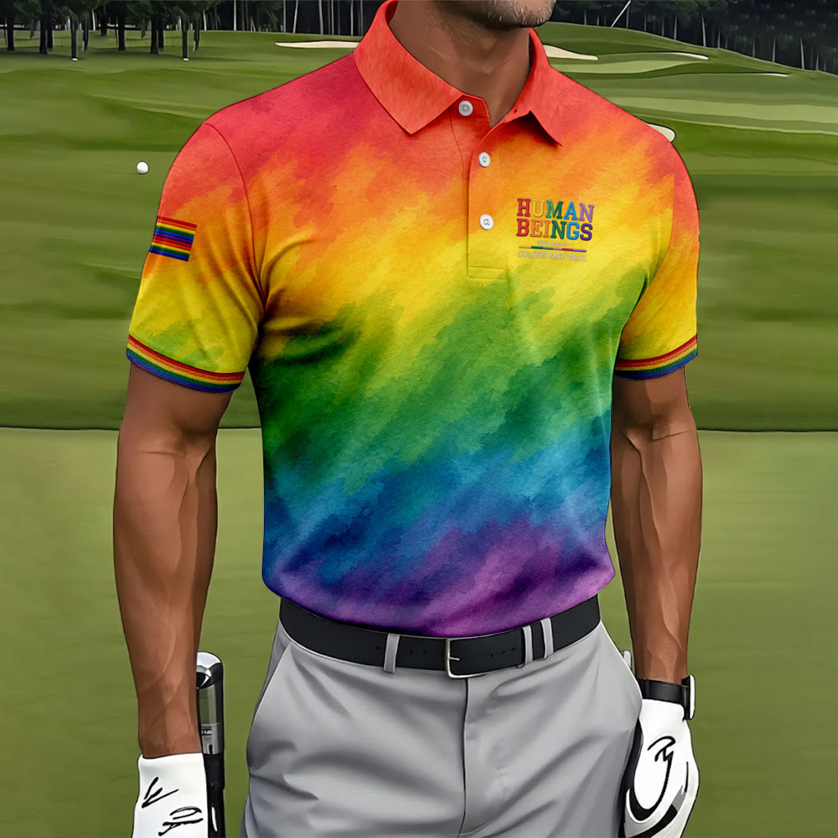 Human Beings LGBT Rainbow Golf Tops For Men, LGBT Pride Month Gradient Watercolor Polo Shirts For Men