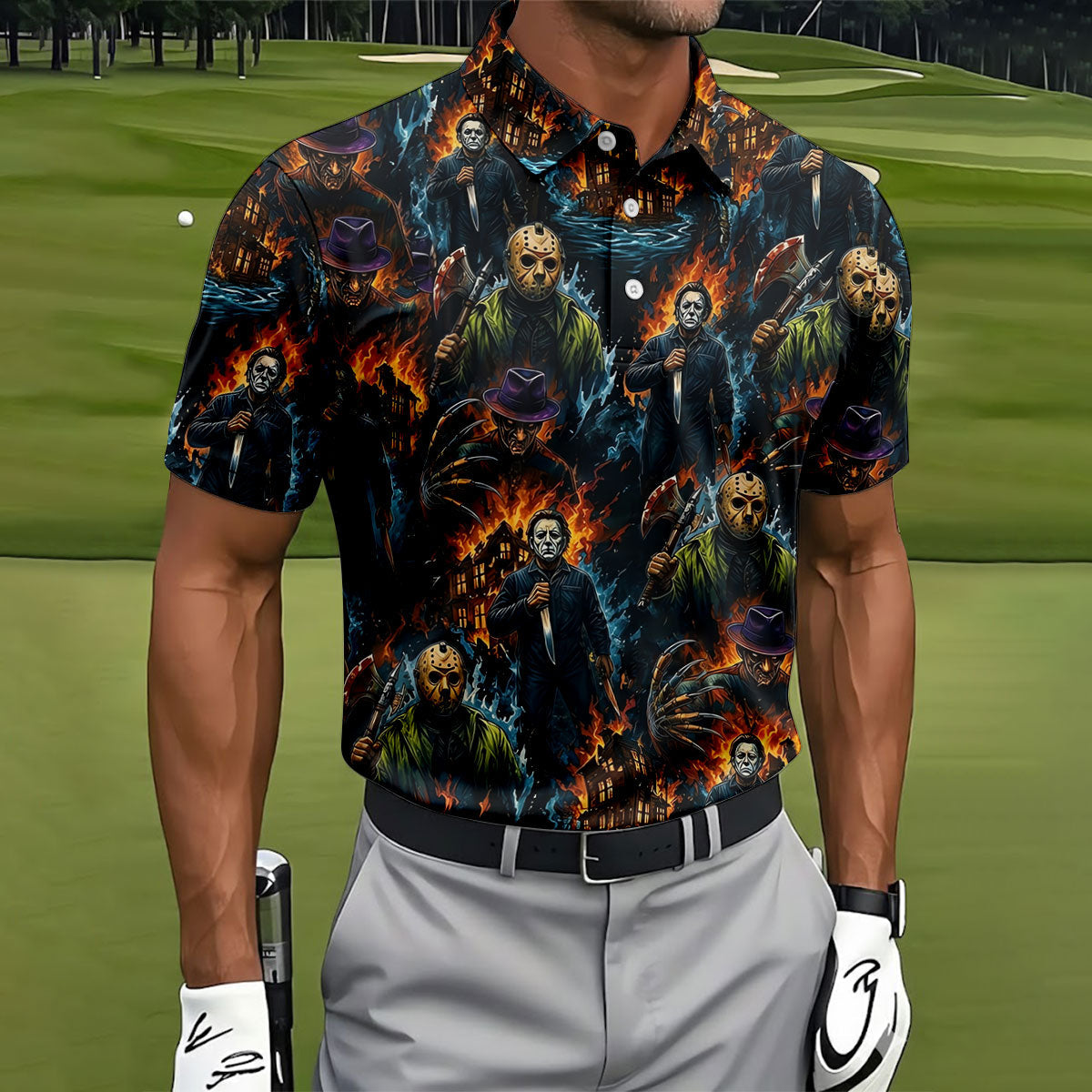 Horror Character Fire Collage Halloween Polo Shirt, Mens Golf Shirts, Mens Polo Shirts