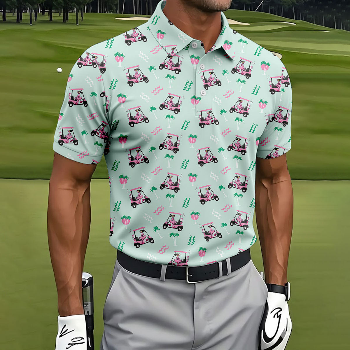 Funny Flamingo Golf Cart Tropical Pattern Polo Shirt, Mens Golf Polo, Golf Apparel For Men