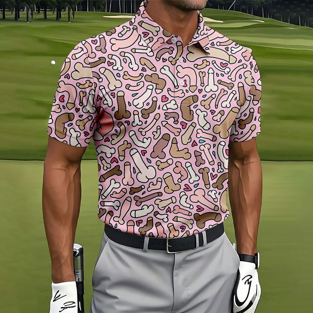 Funny Adult Doodle Pink Pattern Polo Shirt, Mens Golf Polo, Golf Shirts For Men