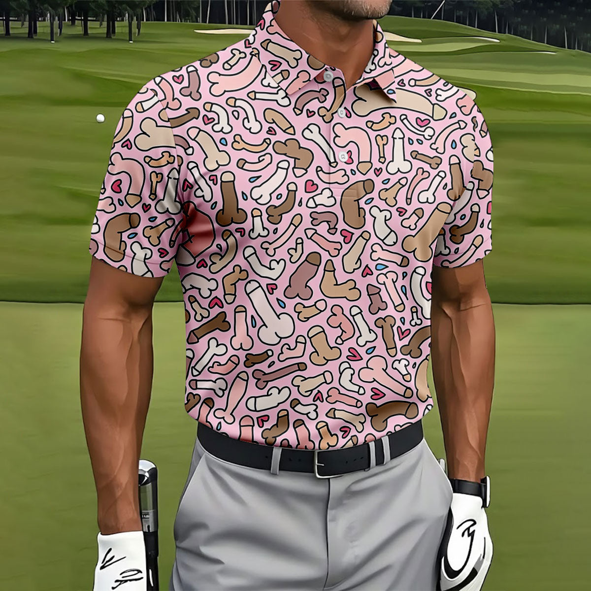 Funny Adult Doodle Pink Pattern Polo Shirt, Mens Golf Polo, Golf Shirts For Men