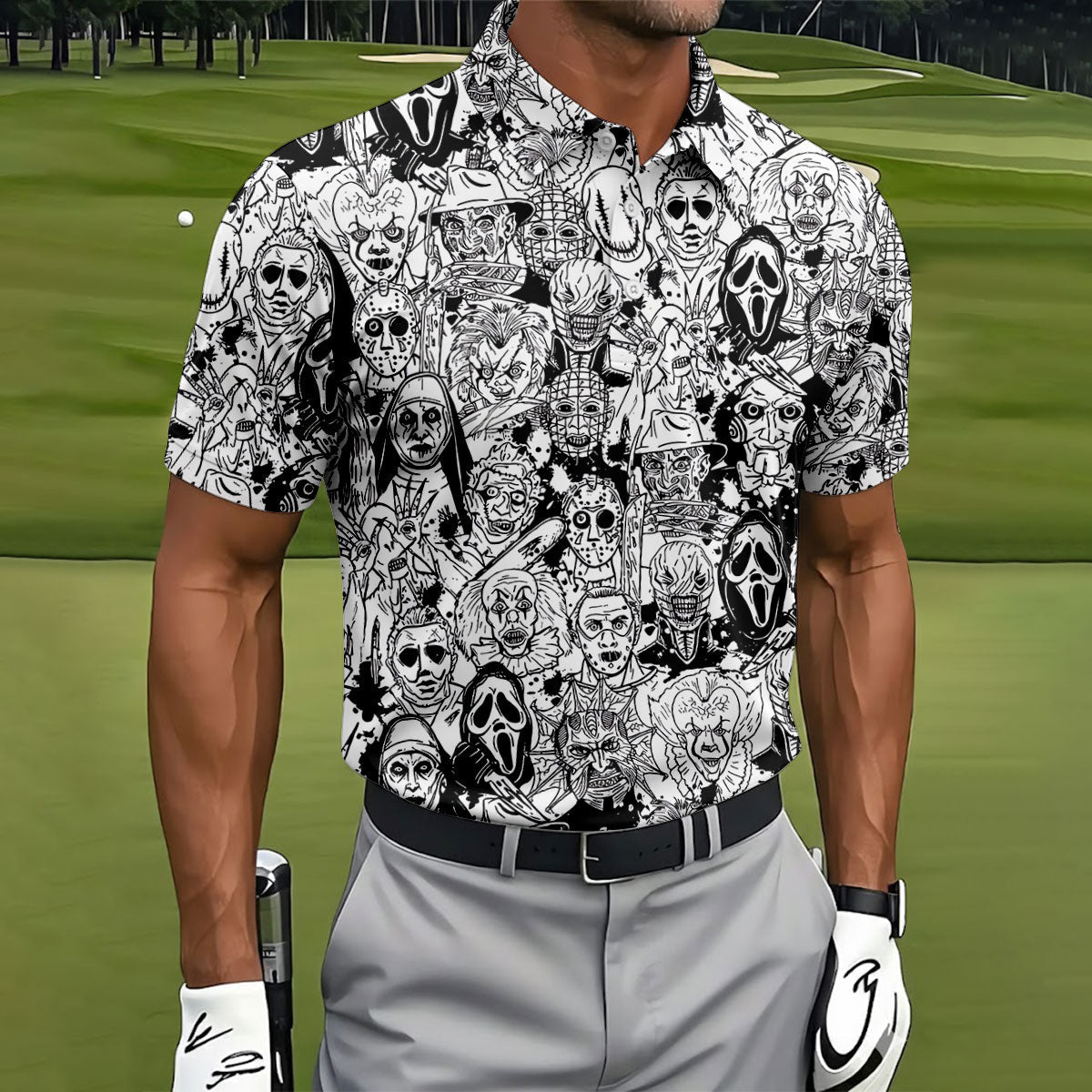 Black White Horror Character Sketch Golf Shirt, Mens Golf Polo, Halloween Golf Shirt