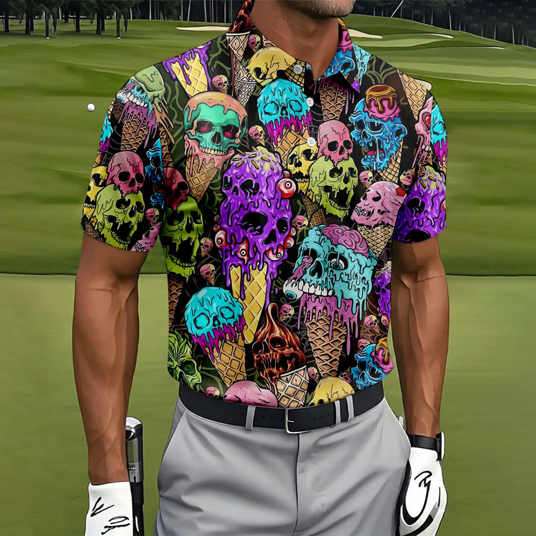 Melting Skull Ice Cream Halloween Golf Shirt, Golf Apparel For Men, Mens Golf Shirts