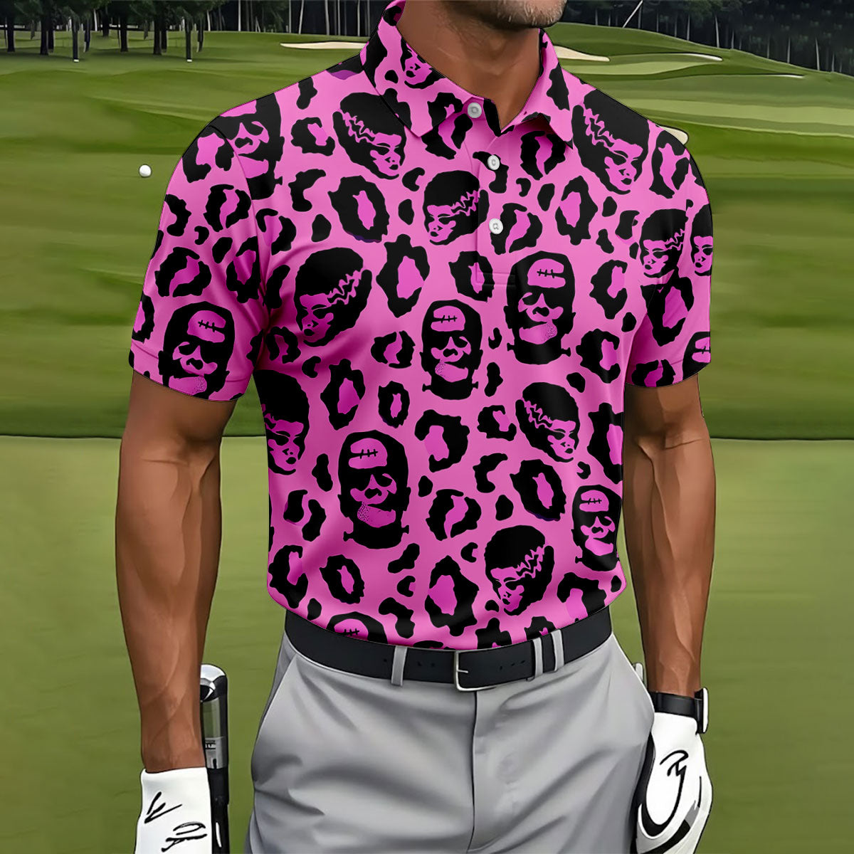 Leopard Print Horror Character Halloween Golf Polo Shirt, Golf Apparel, Mens Golf Shirt