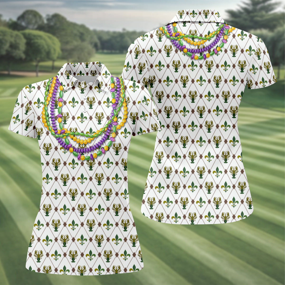 Mardi Gras Purple Green Gold Beads Chain Fleur De Lis Argyle Pattern White Golf Shirt, Women's Golf Tops