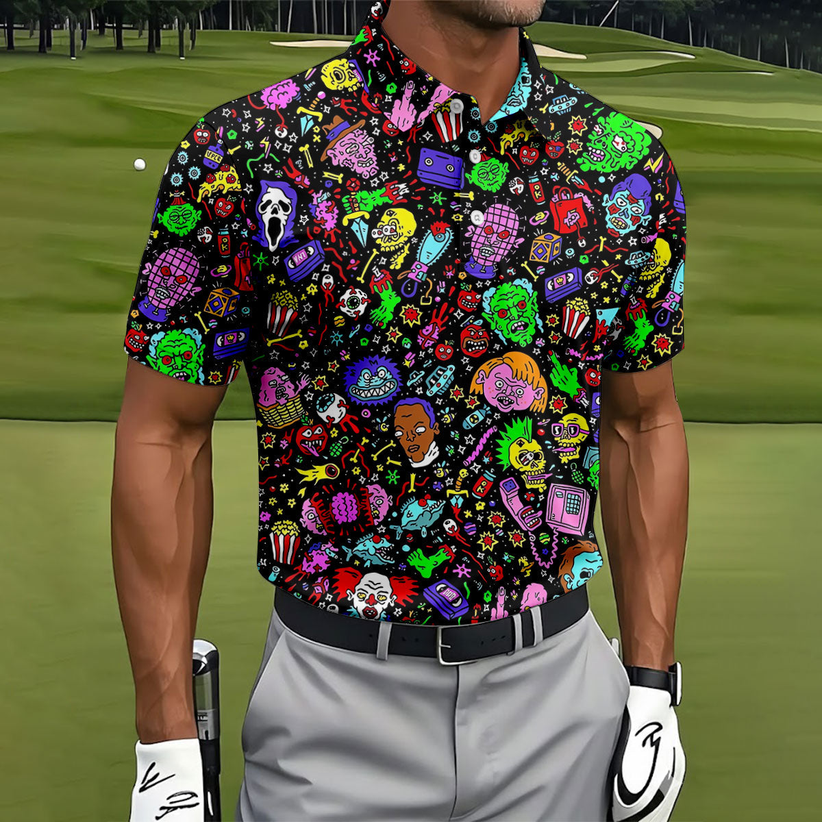 Halloween Horror Character Doodle Hawaiian Golf Shirt, Men's Golf Shirt, Printed Golf Polo Shirt