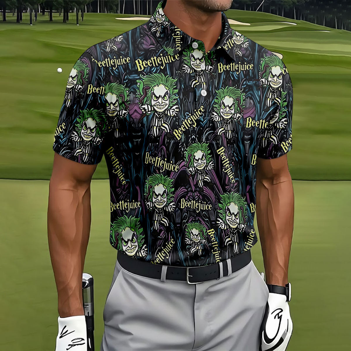Halloween Horror Character Cartoon Hawaiian Golf Shirt, Men's Golf Shirt, Printed Golf Polo Shirt