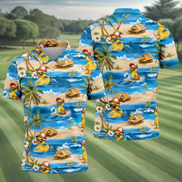 Cool Duck Hawaiian Golf Shirt, Surfing Duck Beach Men's Golf Polo, Polo Shirts For Men