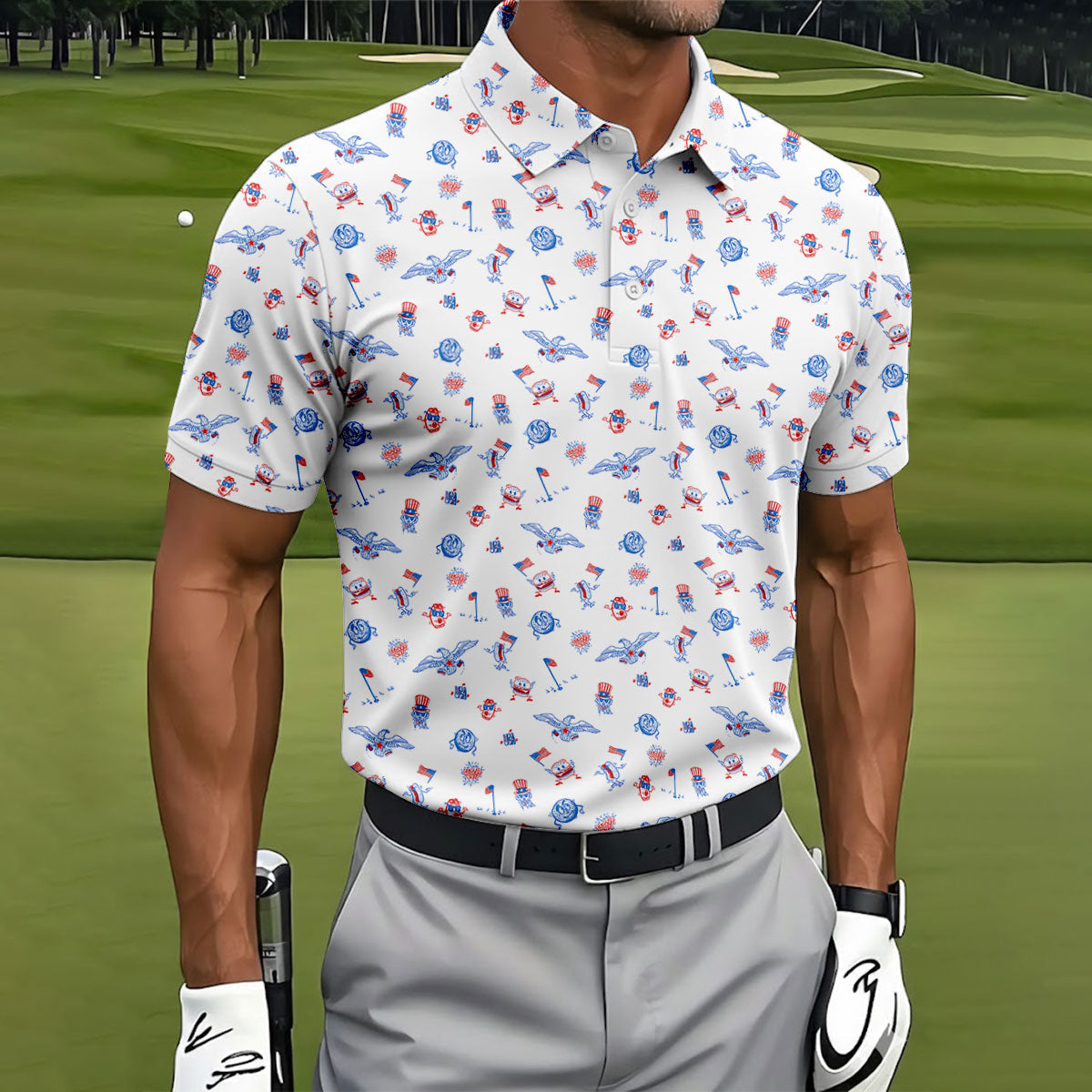 Funny Uncle Sam Eagle Golf Flag All-Over Print 4th of July, 250 Years USA Patriotic Golf Shirt, 4th Of July Golf Shirt, Golf Tops For Men, Golfing Apparel