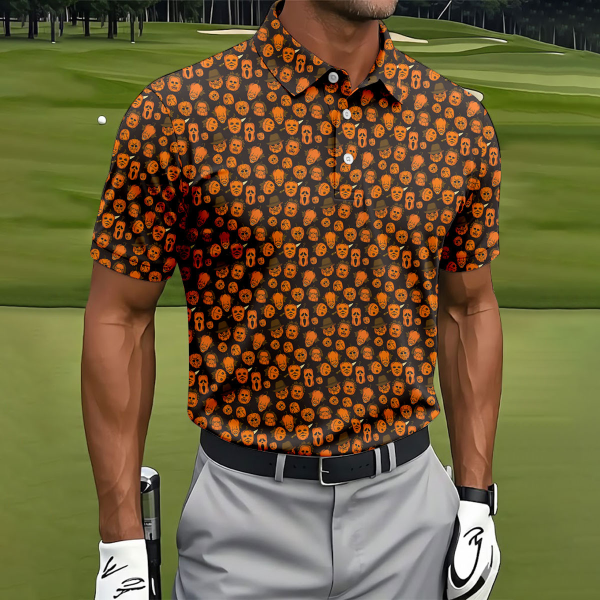 Halloween Horror Character Pumpkin Pattern Golf Shirt, Mens Golf Polo, Hawaiian Golf Shirt