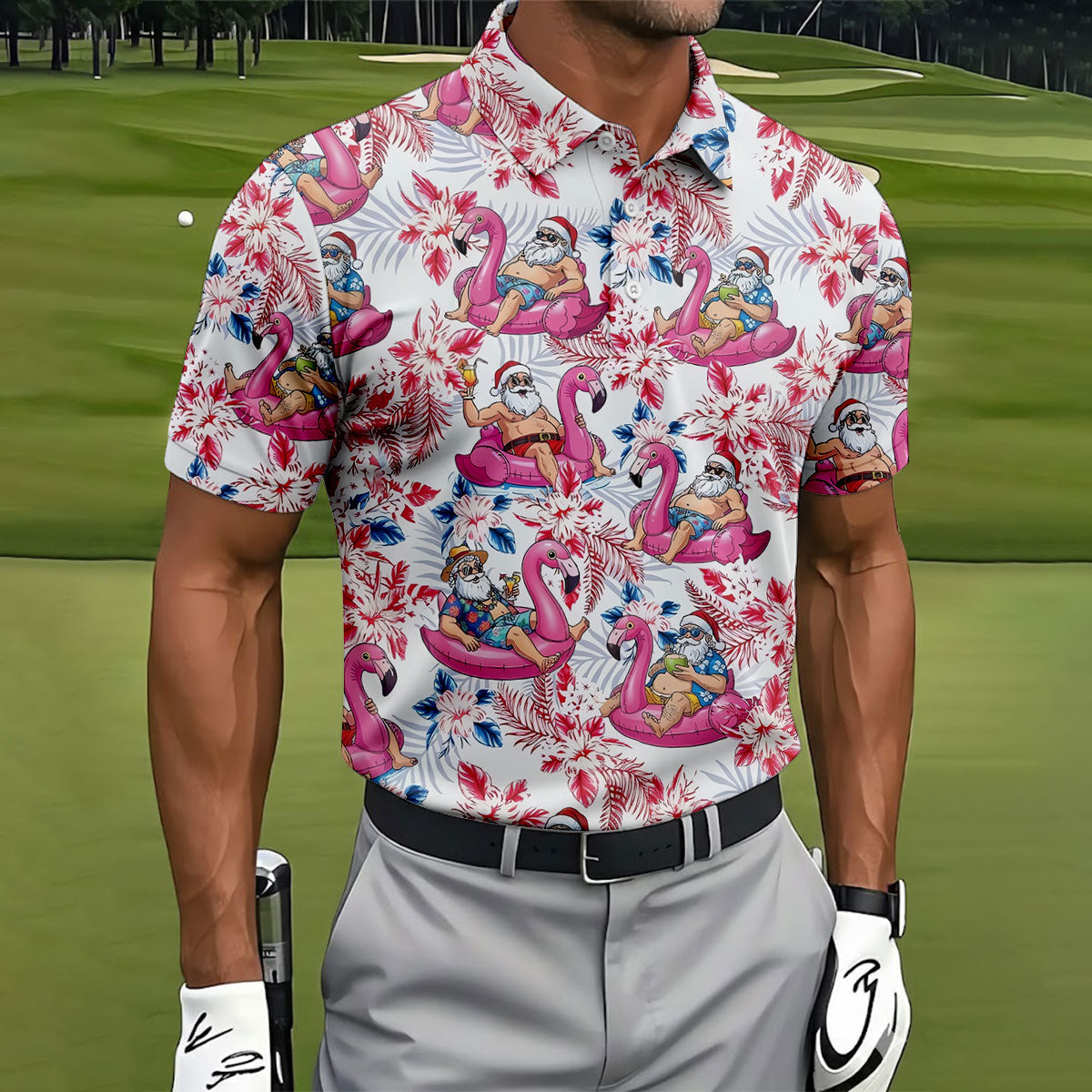 Funny Tropical Santa Flamingo Christmas Polo Shirt, Mens Golf Polo, Hawaiian Golf Shirt