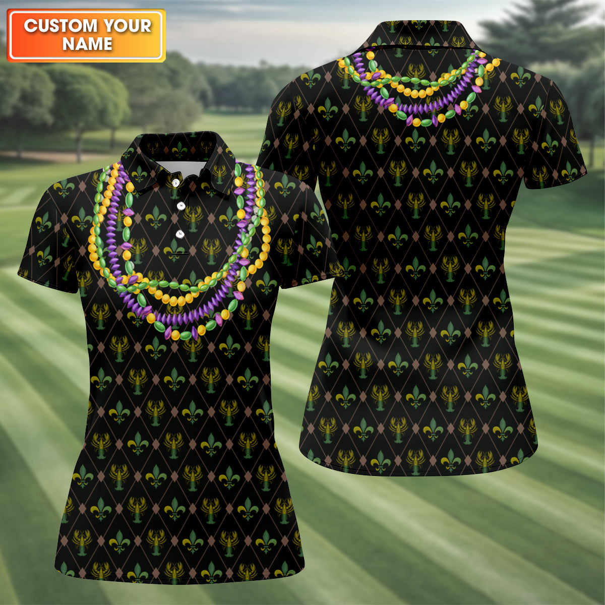 Mardi Gras Purple Green Gold Beads Chain Fleur De Lis Argyle Pattern Black Golf Shirt, Women's Golf Tops