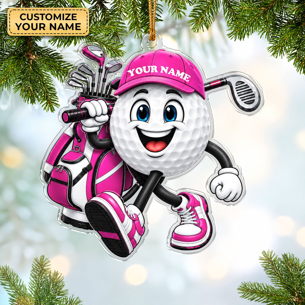 Custom Name Golf Ball And Club Acrylic Ornament, Golf Gifts, Christmas Decorations