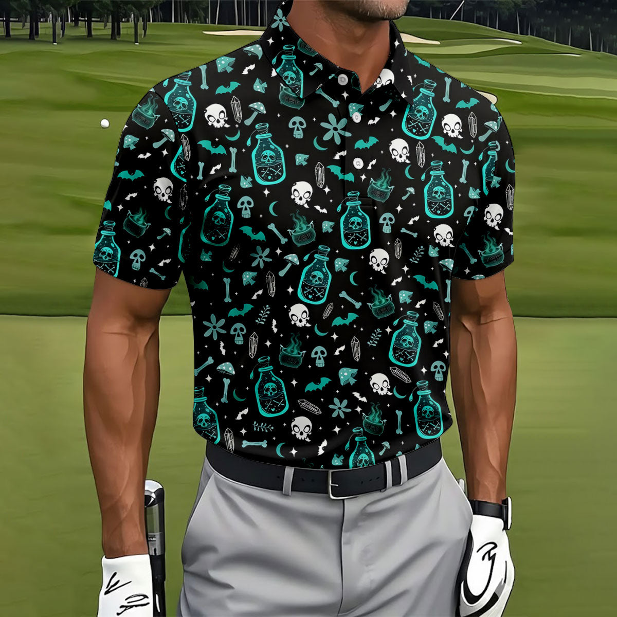 Skull Potion Halloween Pattern Polo Shirt, Printed Golf Shirts, Golf Apparel For Men