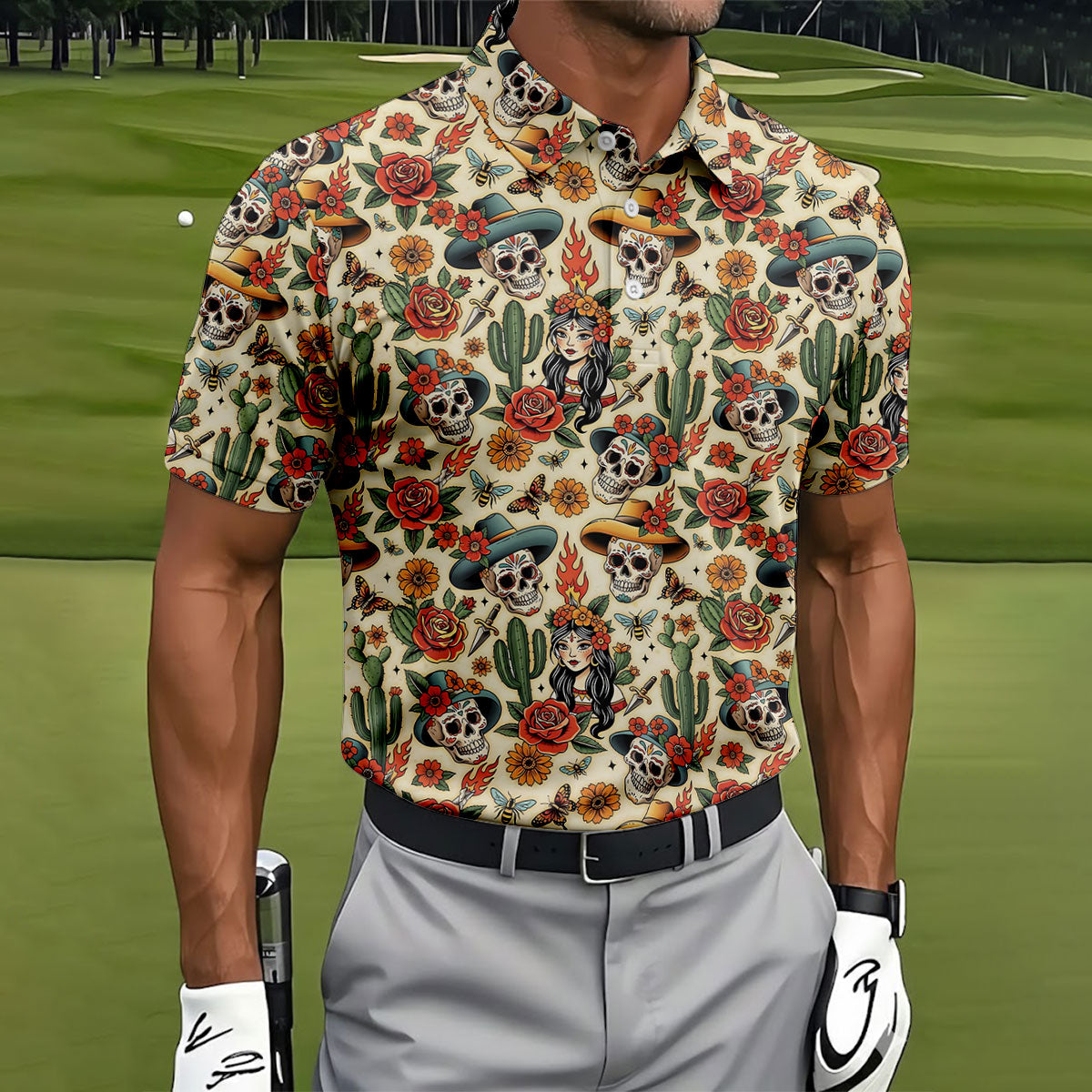 Day Of The Dead Sugar Skull Floral Polo Shirt, Mens Golf Polo, Hawaiian Golf Shirt