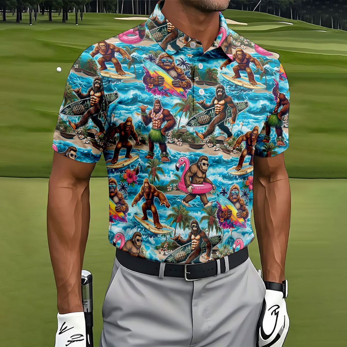 Funny Bigfoot Hawaiian Golf Shirt, Beach Theme Men's Golf Shirt, Polo Shirts For Men