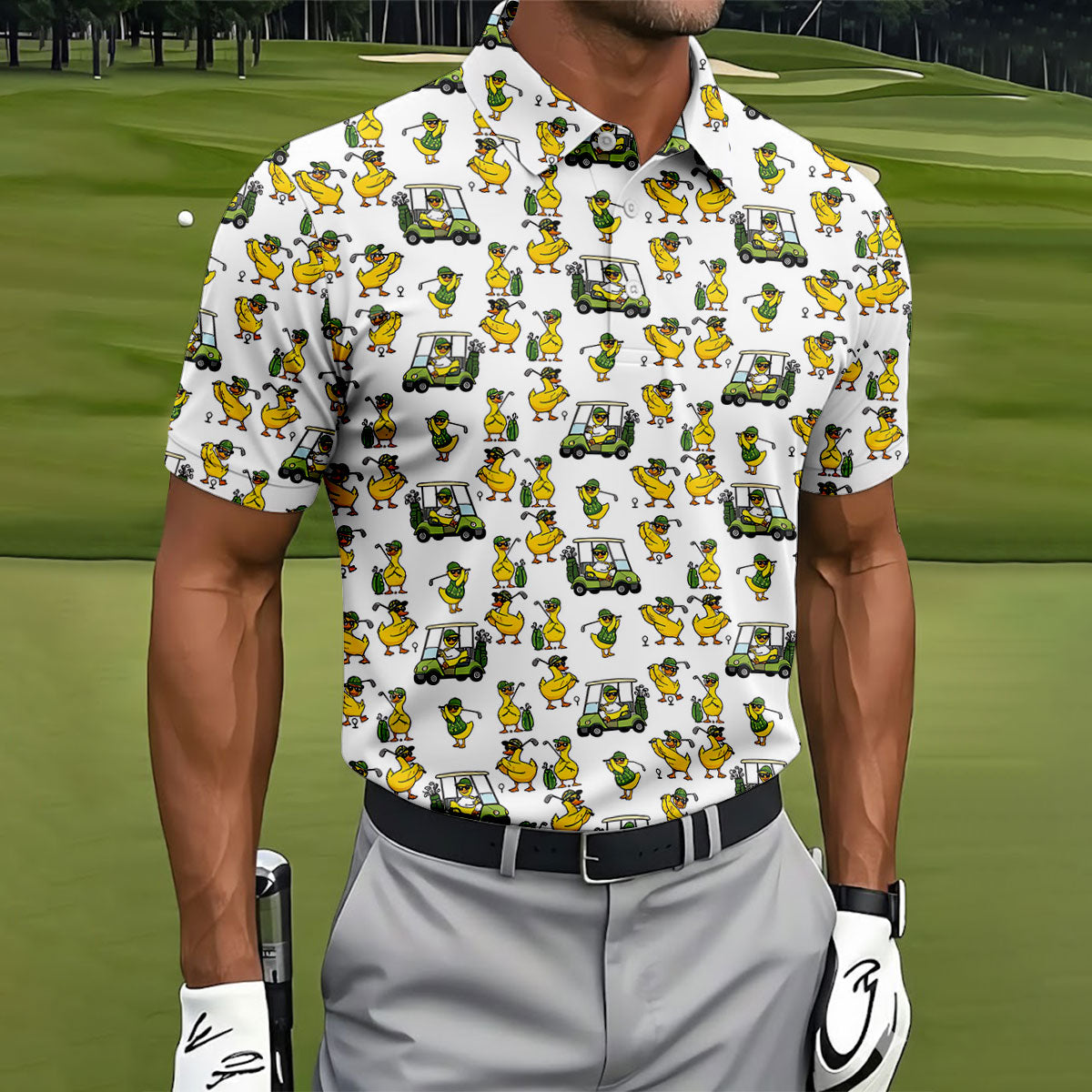 Funny Golfing Duck And Golf Cart Pattern Polo Shirt, Mens Golf Polo, Golf Shirts For Men
