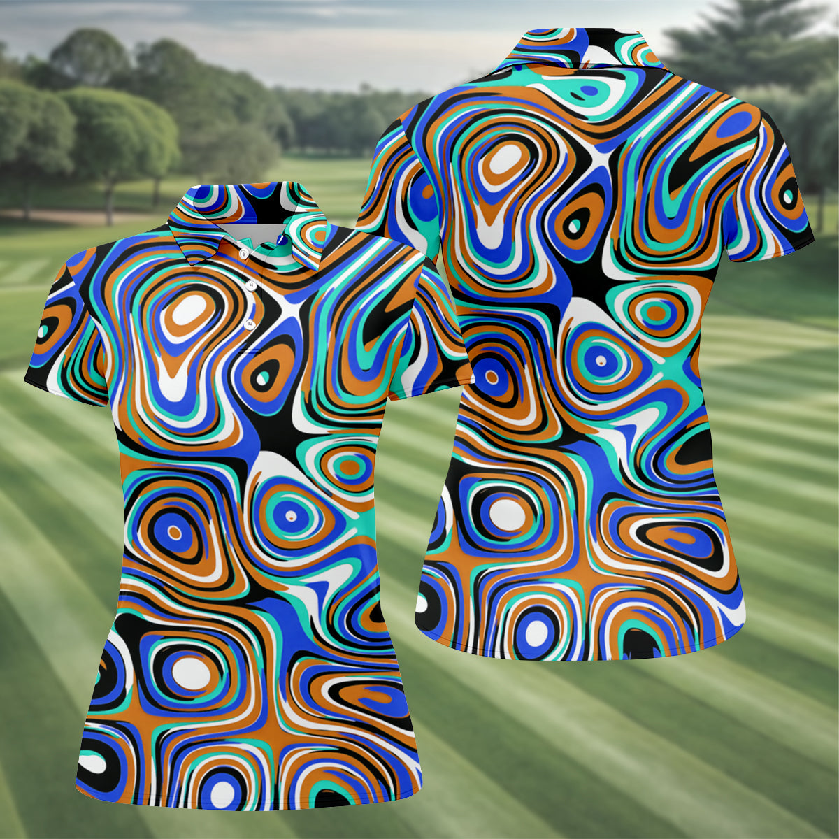Blue And Orange Fluid Art Cool Golf Shirt, Women's Golf Tops, Ladies Golf Shirts, Women's Polo Shirt