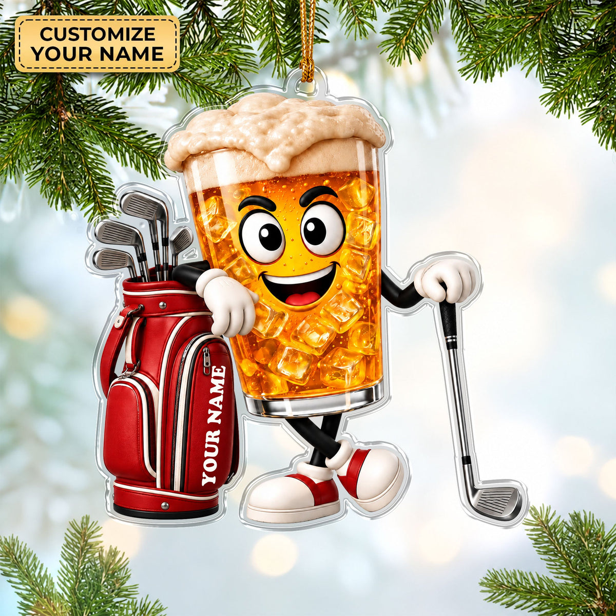 Custom Name Beer Glass Golf Acrylic Ornament, Golf Lover Gifts, Christmas Ornaments