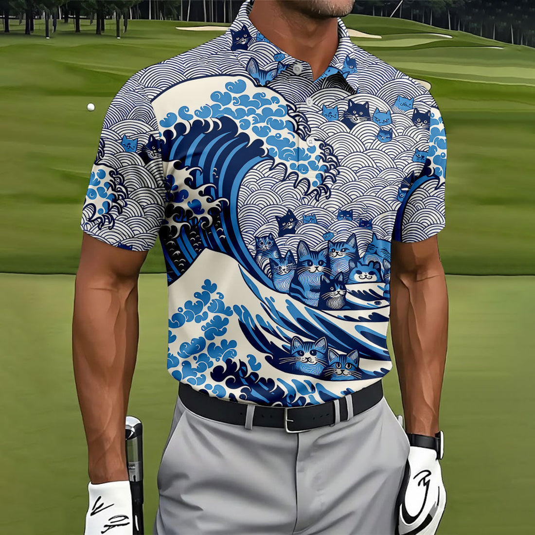 Japanese Wave Cat Hawaiian Golf Shirt, Golf Shirts For Men, Mens Golf Apparel