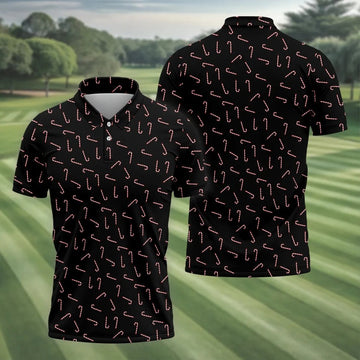 Christmas Candy Cane Golf Tops For Men, Christmas Golf Shirt, Black Golf Polo Shirt, Golf Gift For Men