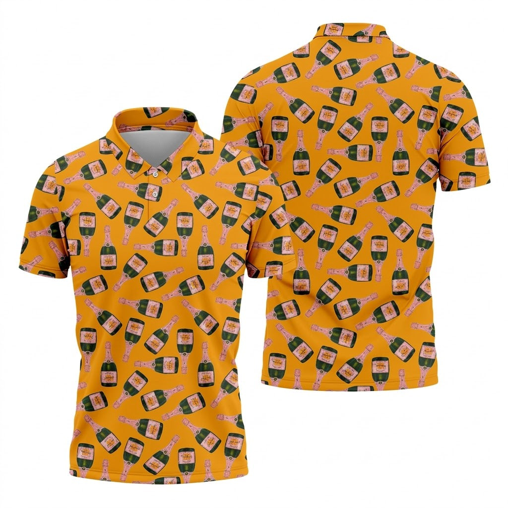 Rosé Champagne Seamless Pattern Yellow Golf Shirt, Polo ShirtFor Men, Golf Shirts For Men