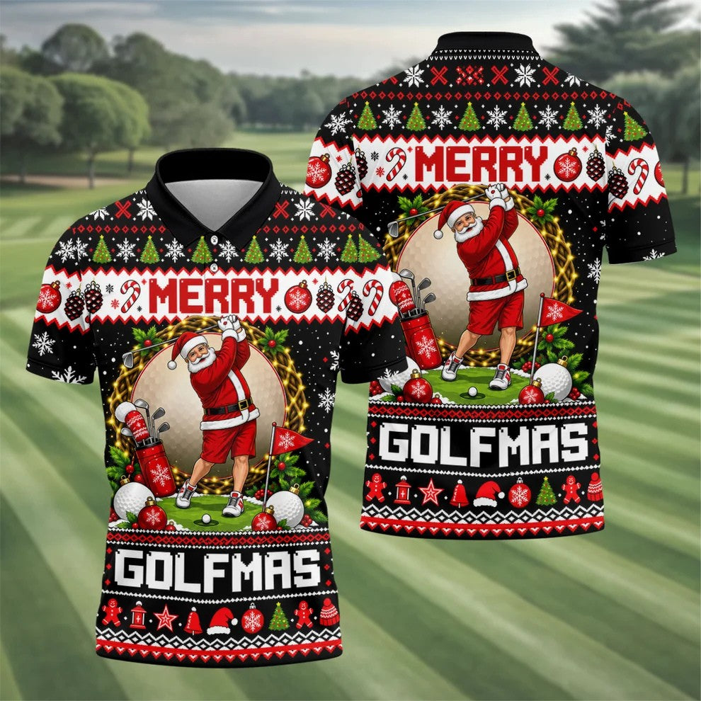 Merry Golfmas Santa Christmas Golf Shirt, Mens Golf Apparel, Mens Holiday Golf Shirts