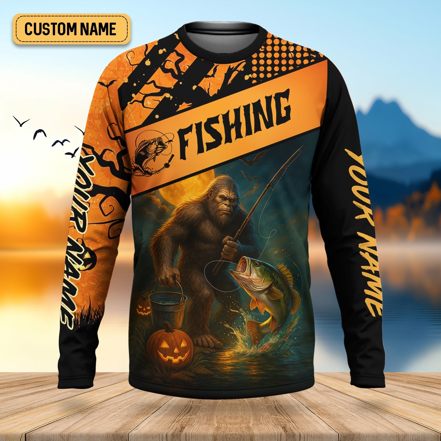 Bigfoot Halloween Fishing UPF Shirts, Fish Button Up Shirt, Fisherman Gift, Bass Fishing
