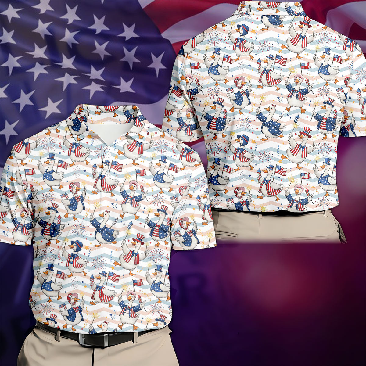 Patriotic Duck American Flag Fireworks Polo Shirt, Mens Golf Polo, Golf Shirts For Men