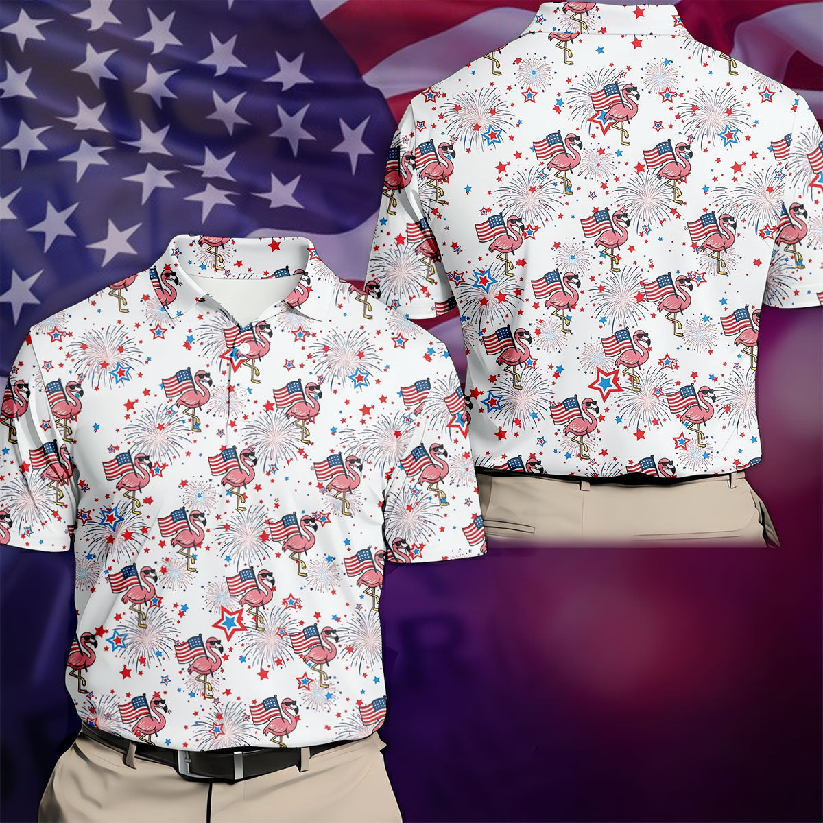 Patriotic Flamingo American Flag Polo Shirt, Mens Golf Polo, Golf Shirts For Men