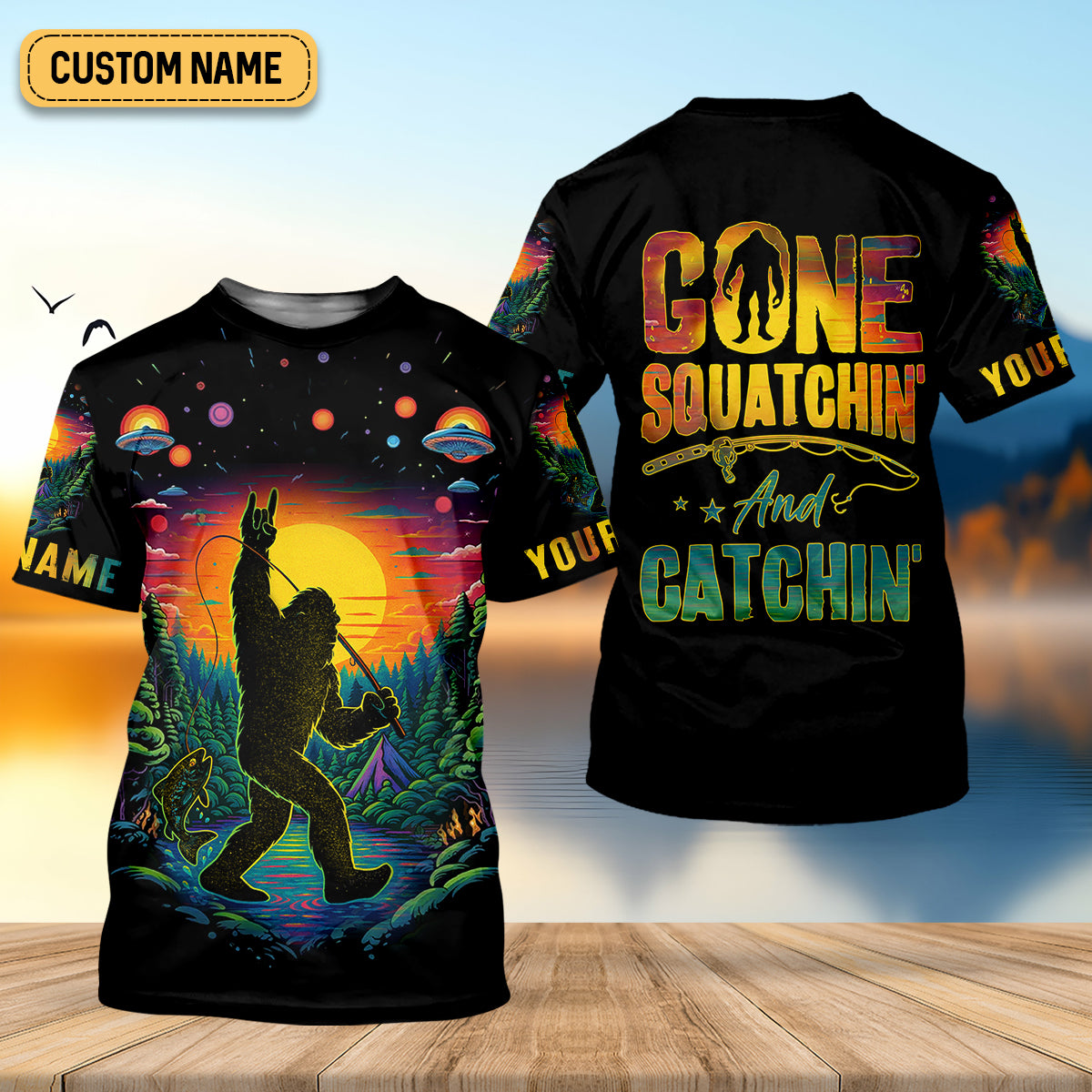 Gone Squatchin And Catching Alien Bigfoot Funny Fishing Shirt, SPF Shirt For Men, Fishing Shirts For Men