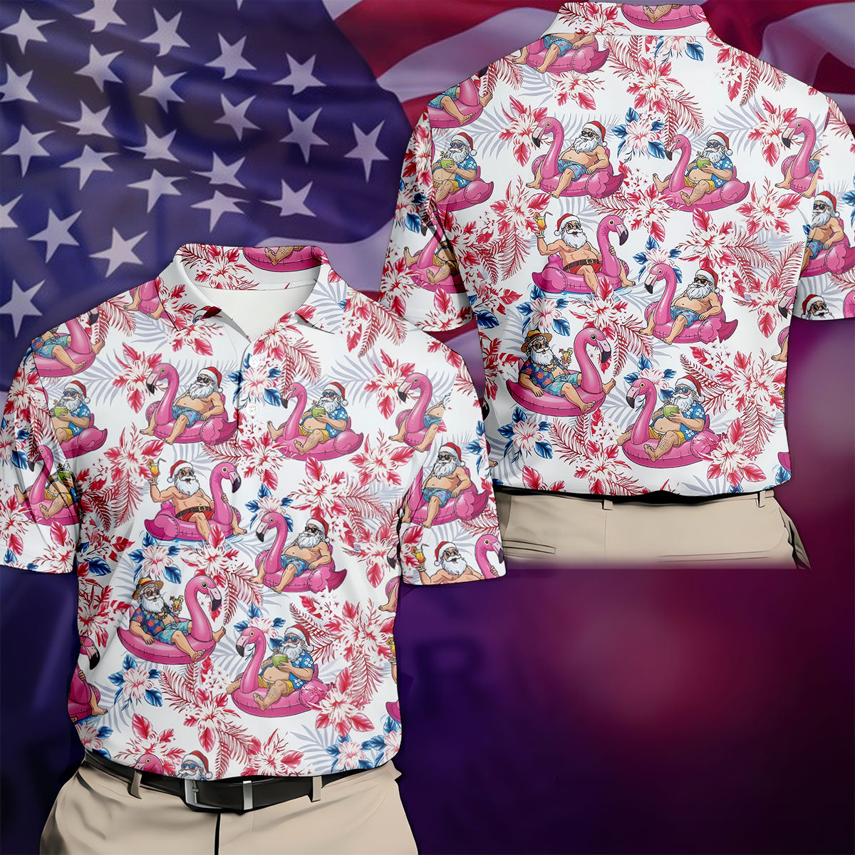 Funny Tropical Santa Flamingo Christmas Polo Shirt, Mens Golf Polo, Hawaiian Golf Shirt