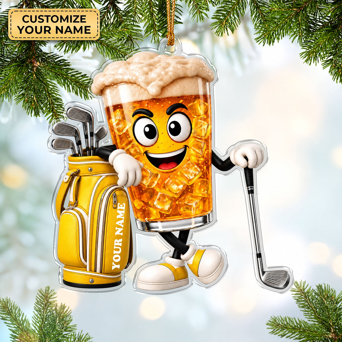 Custom Name Beer Glass Golf Acrylic Ornament, Golf Lover Gifts, Christmas Ornaments