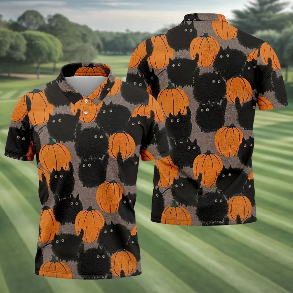 Black Cat Pumpkin Halloween Golf Polo Shirt, Mens Golf Apparel, Golf Shirts For Men