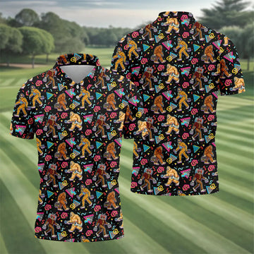 Retro Bigfoot Monkey Guitar Boombox Golf Shirt, Polo Shirts For Men, Mens Golf Apparel, Golf Polo Shirts For Men