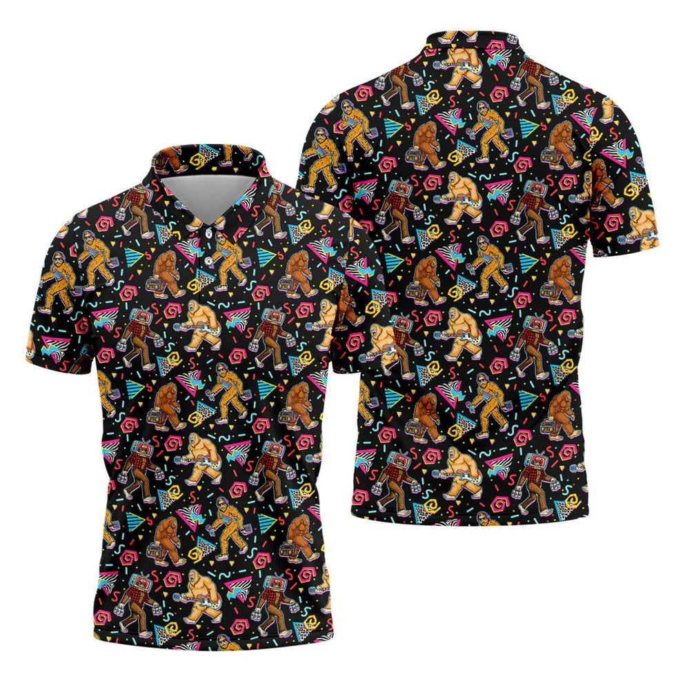 Retro Bigfoot Monkey Guitar Boombox Golf Shirt, Polo Shirts For Men, Mens Golf Apparel, Golf Polo Shirts For Men